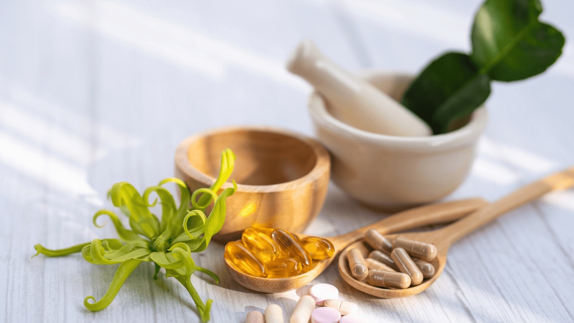 Array of vitamins and supplements for radiant skin